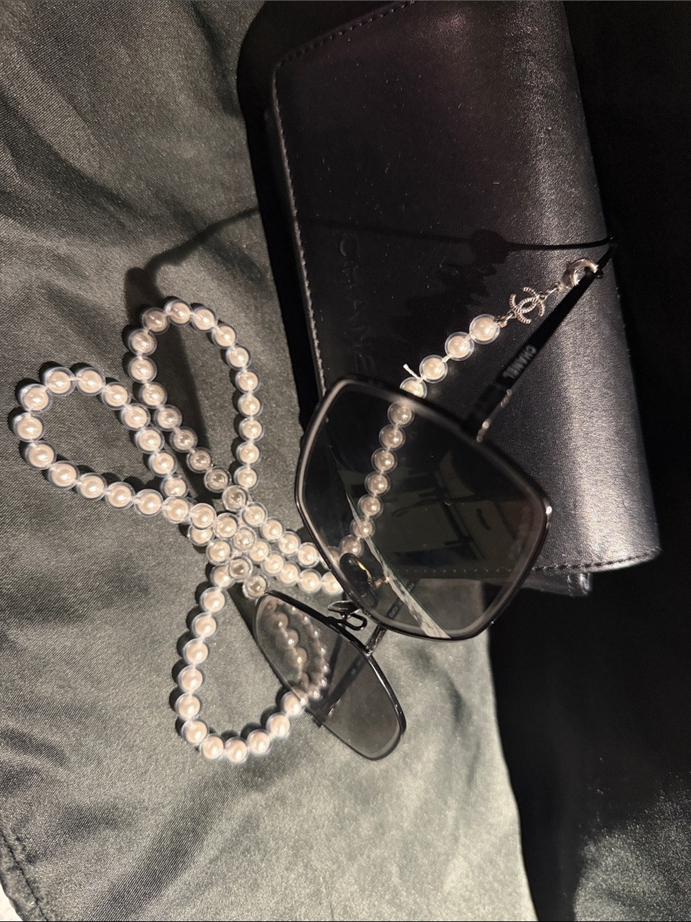 Chanel Square Removable Chain Pearl Sunglasses 4244 Black & Silver